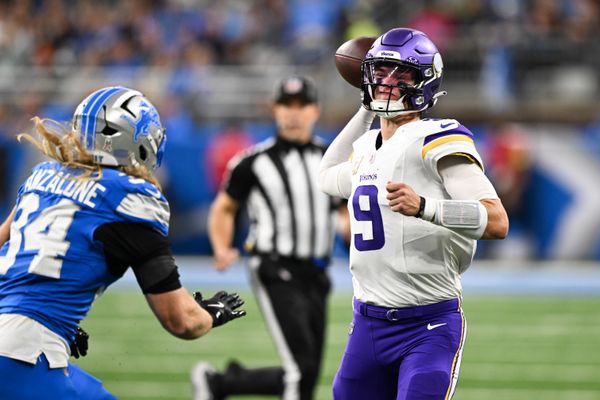 Nov 2, 2025; Detroit, Michigan, USA; Minnesota Vikings quarterback J.J. McCarthy (9) throws the ball during the first quarter against the Minnesota Vikings at Ford Field. Mandatory Credit: Lon Horwedel-Imagn Images