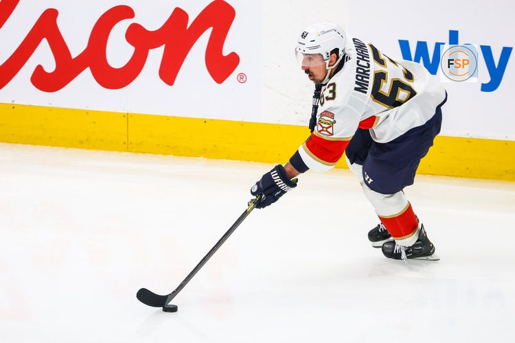 Jun 14, 2025; Edmonton, Alberta, CAN; Florida Panthers center Brad Marchand (63) skates with the puck against the Edmonton Oilers during the second period in game five of the 2025 Stanley Cup Final at Rogers Place. Credit: Sergei Belski-Imagn Images