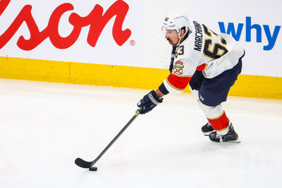 Jun 14, 2025; Edmonton, Alberta, CAN; Florida Panthers center Brad Marchand (63) skates with the puck against the Edmonton Oilers during the second period in game five of the 2025 Stanley Cup Final at Rogers Place. Mandatory Credit: Sergei Belski-Imagn Images