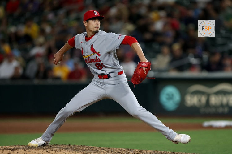 May 12, 2026; West Sacramento, California, USA; St. Louis Cardinals pitcher Riley O'Brien (61) throws a pitch against the Athletics during the ninth inning at Sutter Health Park. Credit: Dennis Lee-Imagn Images