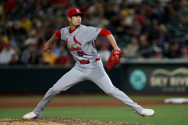 May 12, 2026; West Sacramento, California, USA; St. Louis Cardinals pitcher Riley O'Brien (61) throws a pitch against the Athletics during the ninth inning at Sutter Health Park. Mandatory Credit: Dennis Lee-Imagn Images