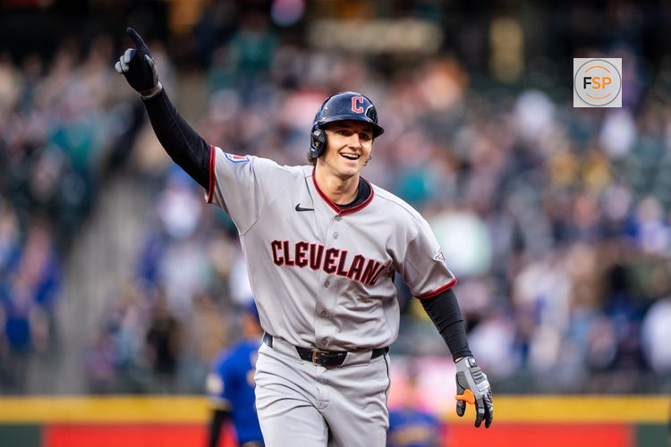 Mar 27, 2026; Seattle, Washington, USA; Cleveland Guardians right fielder Chase DeLauter (24) rounds the bases after hitting a solo home run during the first inning against the Seattle Mariners  at T-Mobile Park. Credit: Stephen Brashear-Imagn Images