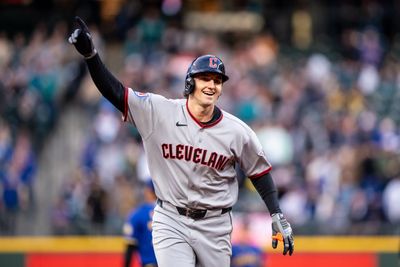 Mar 27, 2026; Seattle, Washington, USA; Cleveland Guardians right fielder Chase DeLauter (24) rounds the bases after hitting a solo home run during the first inning against the Seattle Mariners  at T-Mobile Park. Mandatory Credit: Stephen Brashear-Imagn Images