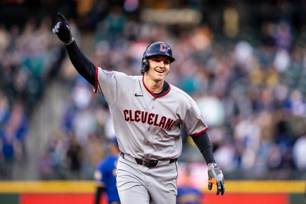Mar 27, 2026; Seattle, Washington, USA; Cleveland Guardians right fielder Chase DeLauter (24) rounds the bases after hitting a solo home run during the first inning against the Seattle Mariners  at T-Mobile Park. Mandatory Credit: Stephen Brashear-Imagn Images