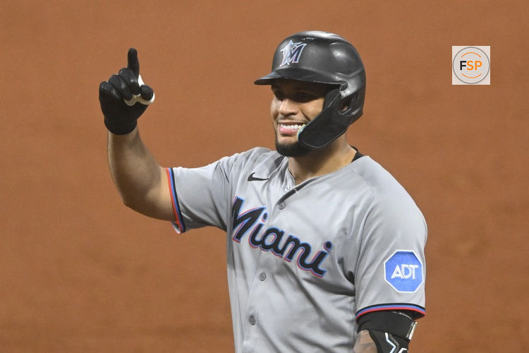 Aug 13, 2025; Cleveland, Ohio, USA; Miami Marlins catcher Agustin Ramirez (50) celebrates his two-run single in the seventh inning against the Cleveland Guardians at Progressive Field. Credit: David Richard-Imagn Images