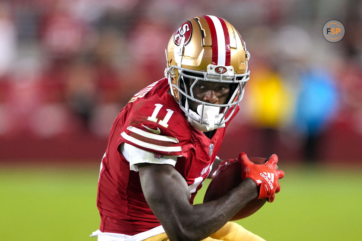 Sep 9, 2024; Santa Clara, California, USA; San Francisco 49ers wide receiver Brandon Aiyuk (11) runs after a catch against the New York Jets during the fourth quarter at Levi's Stadium. Credit: Darren Yamashita-Imagn Images