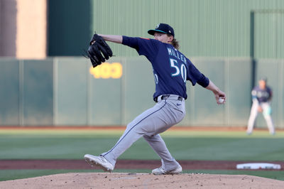 May 5, 2025; West Sacramento, California, USA; Seattle Mariners starting pitcher Bryce Miller (50) throws against the Athletics during the first inning at Sutter Health Park. Mandatory Credit: Dennis Lee-Imagn Images