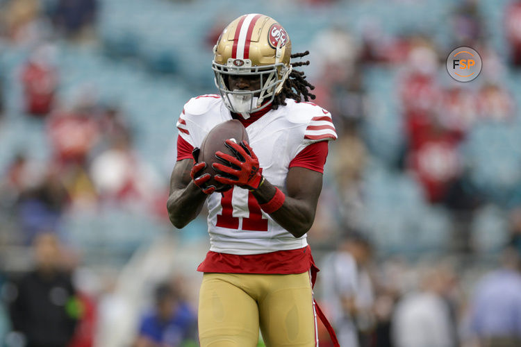 JACKSONVILLE, FL - NOVEMBER 12: San Francisco 49ers wide receiver Brandon Aiyuk (11) before the game between the San Francisco 49ers and the Jacksonville Jaguars on November 12, 2023 at  EverBank Stadium in Jacksonville, Florida. (Photo by David Rosenblum/Icon Sportswire)