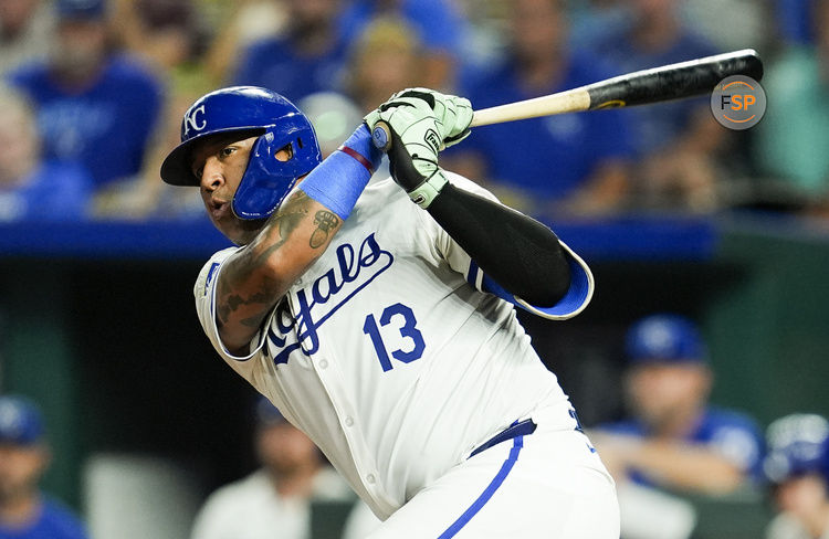 Sep 17, 2024; Kansas City, Missouri, USA; Kansas City Royals first baseman Salvador Perez (13) bats during the seventh inning against the Detroit Tigers at Kauffman Stadium. Credit: Jay Biggerstaff-Imagn Images