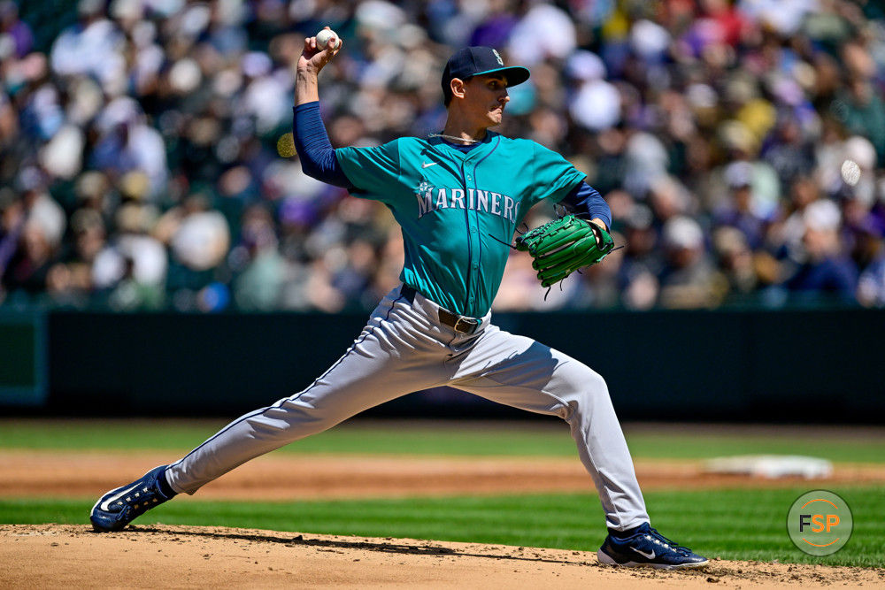 DENVER, CO - APRIL 21: Seattle Mariners pitcher George Kirby (68) pitches during a game between the Seattle Mariners and the Colorado Rockies at Coors Field on April 21, 2024 in Denver, Colorado. (Photo by Dustin Bradford/Icon Sportswire)