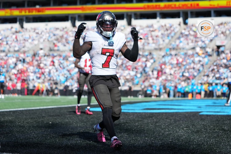 Oct 25, 2026; Charlotte, North Carolina, USA;  Tampa Bay Buccaneers running back Bucky Irving (7) reacts during the first half against the Carolina Panthers at Bank of America Stadium.  Credit: Bob Donnan-Imagn Images