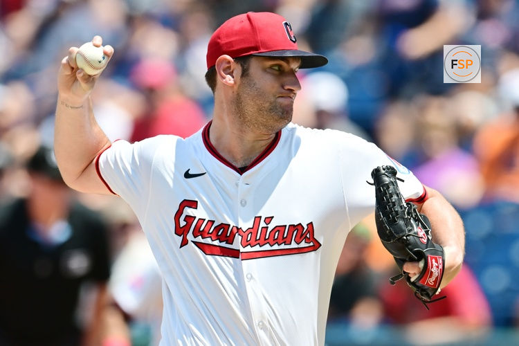 Jul 6, 2025; Cleveland, Ohio, USA; Cleveland Guardians starting pitcher Gavin Williams (32) throws a pitch during the first inning against the Detroit Tigers at Progressive Field. Credit: Ken Blaze-Imagn Images