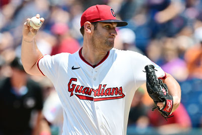 Jul 6, 2025; Cleveland, Ohio, USA; Cleveland Guardians starting pitcher Gavin Williams (32) throws a pitch during the first inning against the Detroit Tigers at Progressive Field. Mandatory Credit: Ken Blaze-Imagn Images