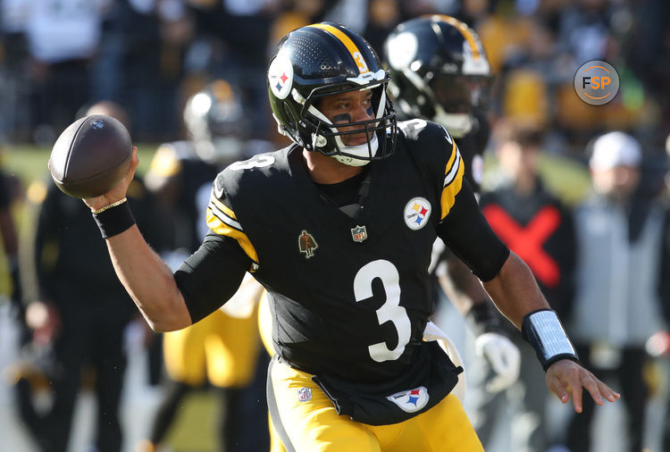 Dec 8, 2024; Pittsburgh, Pennsylvania, USA;  Pittsburgh Steelers quarterback Russell Wilson (3) passes against the Cleveland Browns during the first quarter at Acrisure Stadium. Credit: Charles LeClaire-Imagn Images