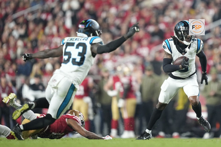 Nov 24, 2025; Santa Clara, California, USA; Carolina Panthers cornerback Jaycee Horn (8) catches an interception against the San Francisco 49ers during the first half at Levi's Stadium. Credit: Kyle Terada-Imagn Images