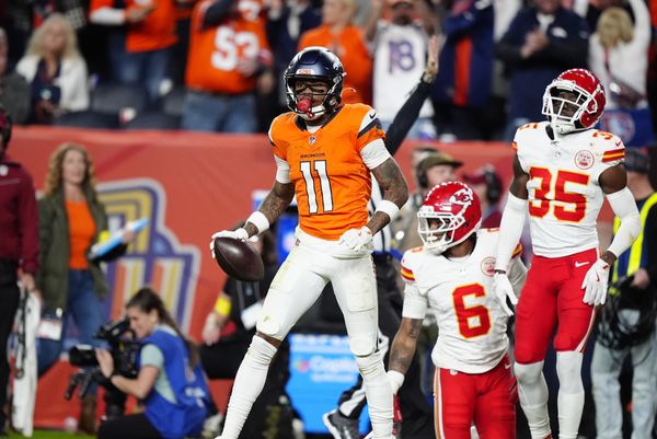 Nov 16, 2025; Denver, Colorado, USA; Denver Broncos wide receiver Troy Franklin (11) reacts after a first down in the fourth quarter against the Kansas City Chiefs at Empower Field at Mile High. Mandatory Credit: Ron Chenoy-Imagn Images