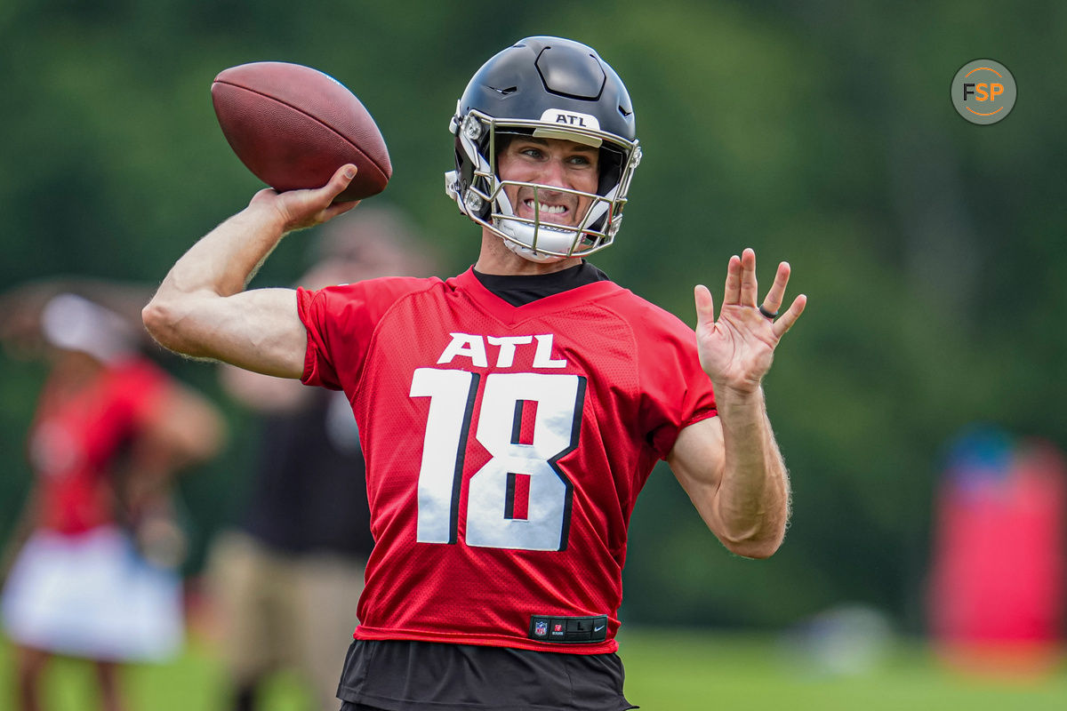 Jun 3, 2024; Atlanta, GA, USA; Atlanta Falcons quarterback Kirk Cousins (18) shown in action on the field during Falcons OTA at the Falcons Training facility. Credit: Dale Zanine-USA TODAY Sports