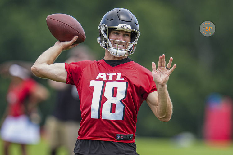 Jun 3, 2024; Atlanta, GA, USA; Atlanta Falcons quarterback Kirk Cousins (18) shown in action on the field during Falcons OTA at the Falcons Training facility. Credit: Dale Zanine-USA TODAY Sports