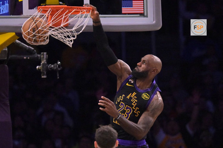 Mar 31, 2026; Los Angeles, California, USA;  Los Angeles Lakers forward LeBron James (23) dunks in the second half against the Cleveland Cavaliers at Crypto.com Arena. Credit: Jayne Kamin-Oncea-Imagn Images