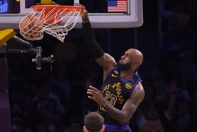 Mar 31, 2026; Los Angeles, California, USA;  Los Angeles Lakers forward LeBron James (23) dunks in the second half against the Cleveland Cavaliers at Crypto.com Arena. Mandatory Credit: Jayne Kamin-Oncea-Imagn Images