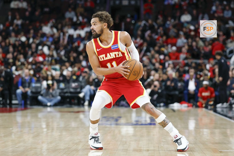 Oct 27, 2025; Chicago, Illinois, USA; Atlanta Hawks guard Trae Young (11) looks to pass the ball against the Chicago Bulls during the second half at United Center. Credit: Kamil Krzaczynski-Imagn Images