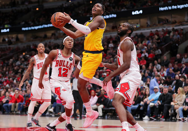 CHICAGO, IL - MARCH 05: Indiana Pacers Guard Bennedict Mathurin (00) continues for a layup after being fouled during a NBA game between the Indiana Pacers and the Chicago Bulls on March 5, 2023 at the United Center in Chicago, IL. (Photo by Melissa Tamez/Icon Sportswire)