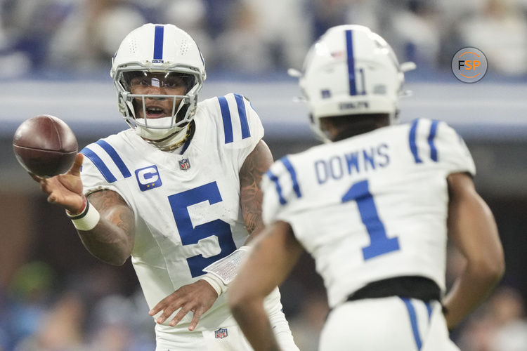 Dec 22, 2024; Indianapolis, Indiana, USA; Indianapolis Colts quarterback Anthony Richardson (5) passes to Indianapolis Colts wide receiver Josh Downs (1) during a game against the Tennessee Titans at Lucas Oil Stadium at Lucas Oil Stadium. Credit: Grace Hollars/USA Today Network via Imagn Images 