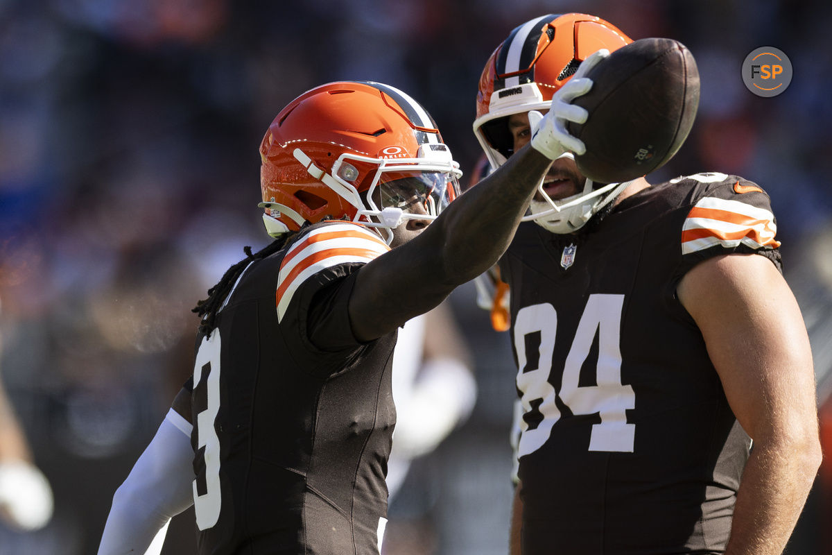 Oct 27, 2024; Cleveland, Ohio, USA; Cleveland Browns wide receiver Jerry Jeudy (3) signals for a first down against the Baltimore Ravens during the first quarter at Huntington Bank Field. Credit: Scott Galvin-Imagn Images