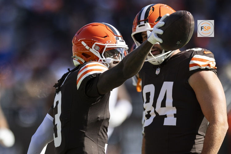 Oct 27, 2024; Cleveland, Ohio, USA; Cleveland Browns wide receiver Jerry Jeudy (3) signals for a first down against the Baltimore Ravens during the first quarter at Huntington Bank Field. Credit: Scott Galvin-Imagn Images
