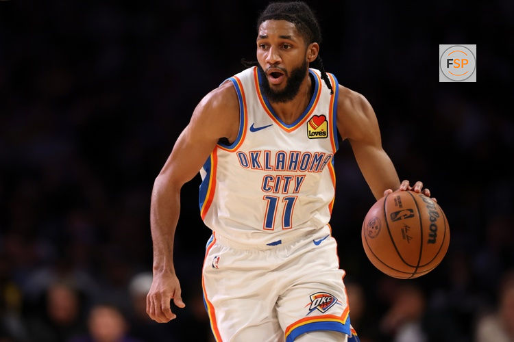 Feb 9, 2026; Los Angeles, California, USA;  Oklahoma City Thunder guard Isaiah Joe (11) dribbles the ball during the second quarter against the Los Angeles Lakers at Crypto.com Arena. Credit: Kiyoshi Mio-Imagn Images
