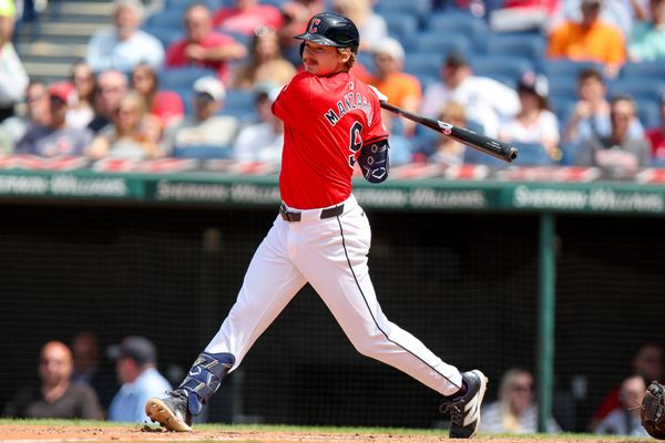 CLEVELAND, OH - MAY 08: Cleveland Guardians pinch hitter Kyle Manzardo (9) singles to left for his first Major League hit during the seventh inning of the Major League Baseball game between the Detroit Tigers and Cleveland Guardians on May 8, 2024, at Progressive Field in Cleveland, OH. (Photo by Frank Jansky/Icon Sportswire)