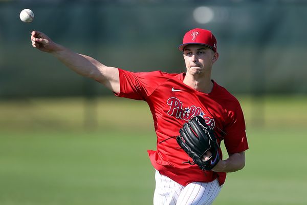 CLEARWATER, FL - FEBRUARY 17: Philadelphia Phillies pitcher Mick Abel (74) warms up during the spring training workout at Carpenter Complex on February 17, 2023 in Clearwater, Florida. (Photo by Cliff Welch/Icon Sportswire) (Photo by Cliff Welch/Icon Sportswire)