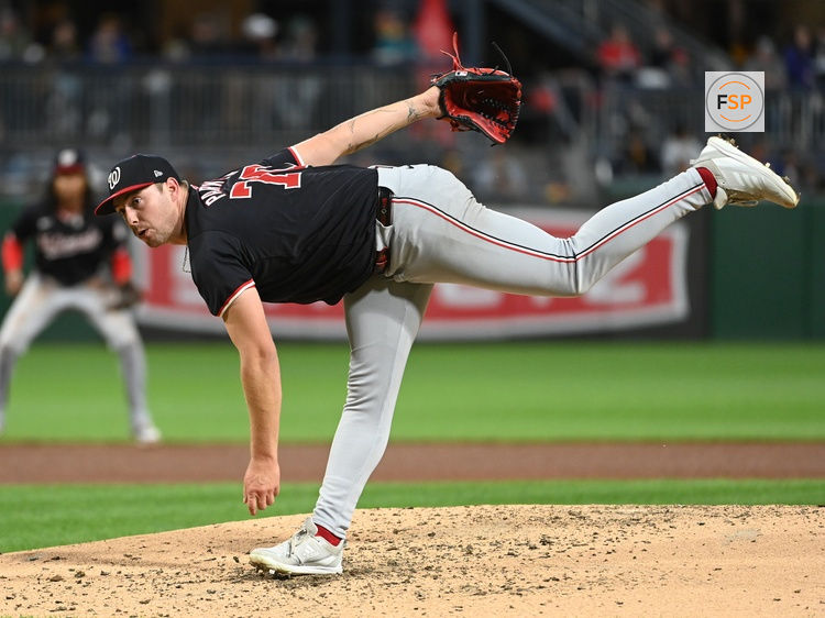 Sep 7, 2024; Pittsburgh, Pennsylvania, USA; Washington Nationals pitcher Mitchell Parker (70) throws against the Pittsburgh Pirates in the fourth inning of the second game of a double header at PNC Park. Credit: Philip G. Pavely-Imagn Images