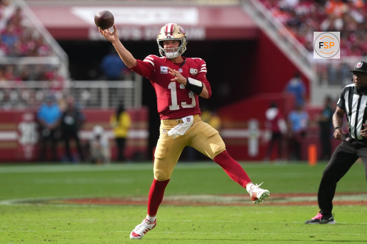 Oct 4, 2026; Santa Clara, California, USA; San Francisco 49ers quarterback Brock Purdy (13) throws a pass against the Denver Broncos during the fourth quarter at Levi's Stadium. Credit: Darren Yamashita-Imagn Images