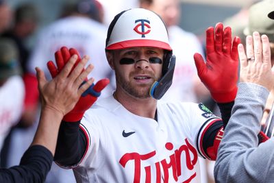 May 17, 2026; Minneapolis, Minnesota, USA; Minnesota Twins designated hitter Ryan Jeffers (27) celebrates his solo home run against the Milwaukee Brewers during the fifth inning at Target Field. Mandatory Credit: Matt Krohn-Imagn Images
