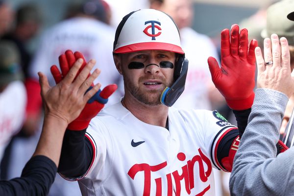 May 17, 2026; Minneapolis, Minnesota, USA; Minnesota Twins designated hitter Ryan Jeffers (27) celebrates his solo home run against the Milwaukee Brewers during the fifth inning at Target Field. Mandatory Credit: Matt Krohn-Imagn Images