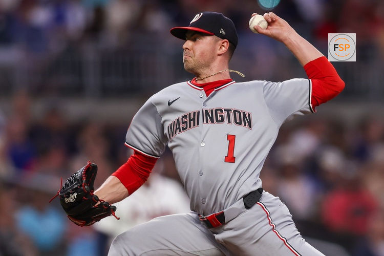 Sep 22, 2025; Atlanta, Georgia, USA; Washington Nationals starting pitcher MacKenzie Gore (1) throws against the Atlanta Braves in the second inning at Truist Park. Credit: Brett Davis-Imagn Images
