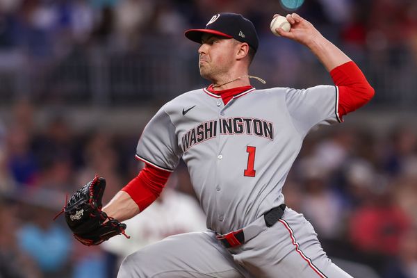 Sep 22, 2025; Atlanta, Georgia, USA; Washington Nationals starting pitcher MacKenzie Gore (1) throws against the Atlanta Braves in the second inning at Truist Park. Mandatory Credit: Brett Davis-Imagn Images