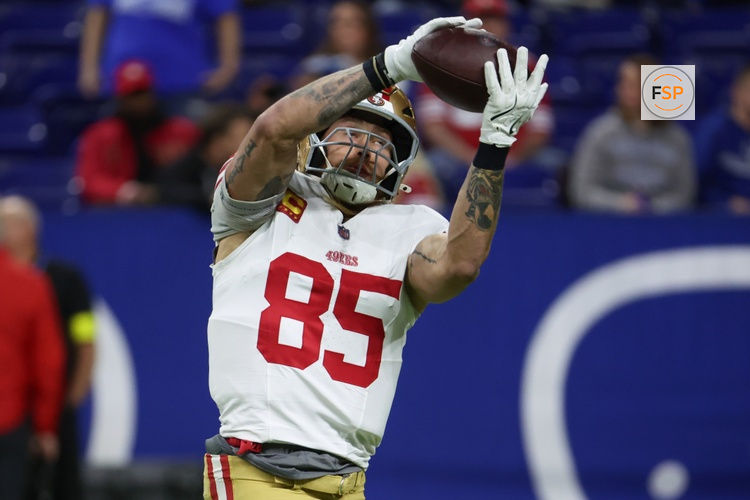 Dec 22, 2025; Indianapolis, Indiana, USA; San Francisco 49ers tight end George Kittle (85) warms up before the game against the Indianapolis Colts at Lucas Oil Stadium. Credit: Trevor Ruszkowski-Imagn Images