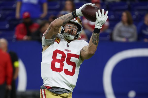 Dec 22, 2025; Indianapolis, Indiana, USA; San Francisco 49ers tight end George Kittle (85) warms up before the game against the Indianapolis Colts at Lucas Oil Stadium. Mandatory Credit: Trevor Ruszkowski-Imagn Images