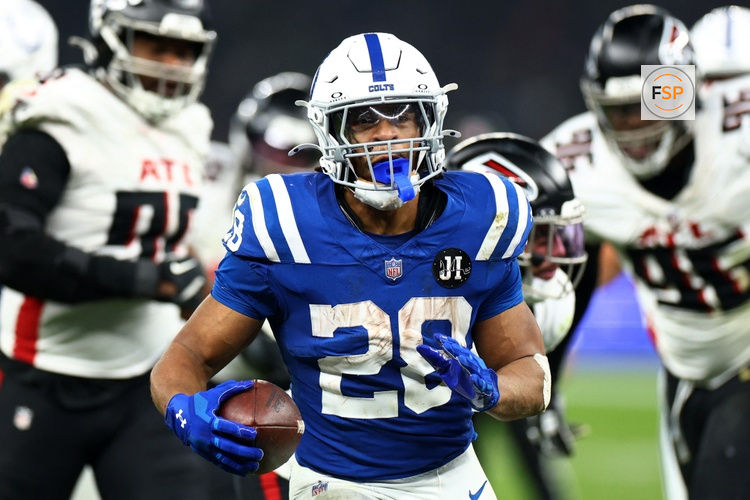 [US, Mexico & Canada customers only] Nov 9, 2025; Berlin, GERMANY; Indianapolis Colts running back Jonathan Taylor (28) celebrates his touchdown in overtime against the Atlanta Falcons during the Berlin Game at Olympic Stadium. Credit: Lisi Niesner/Reuters via Imagn Images