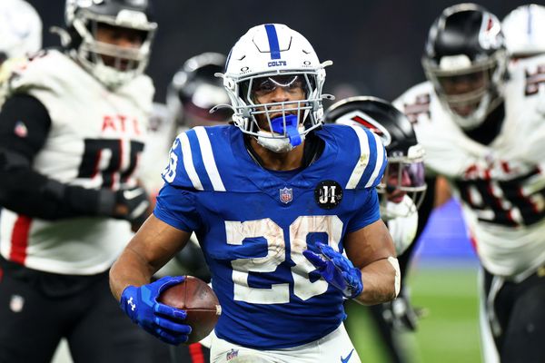 [US, Mexico & Canada customers only] Nov 9, 2025; Berlin, GERMANY; Indianapolis Colts running back Jonathan Taylor (28) celebrates his touchdown in overtime against the Atlanta Falcons during the Berlin Game at Olympic Stadium. Mandatory Credit: Lisi Niesner/Reuters via Imagn Images