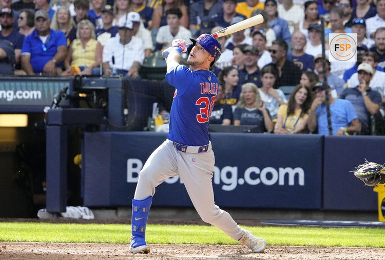 Oct 4, 2025; Milwaukee, Wisconsin, USA; Chicago Cubs designated hitter Kyle Tucker (30) flies out against the Milwaukee Brewers during the sixth inning of game one of the NLDS round for the 2025 MLB playoffs at American Family Field. Credit: Michael McLoone-Imagn Images