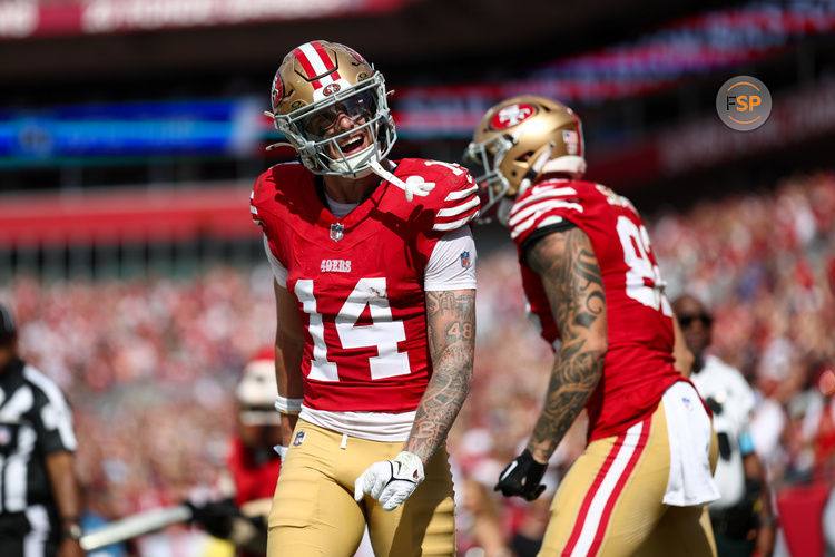 Nov 10, 2024; Tampa, Florida, USA; San Francisco 49ers wide receiver Ricky Pearsall (14) celebrates after scoring a touchdown against the Tampa Bay Buccaneers in the first quarter at Raymond James Stadium. Credit: Nathan Ray Seebeck-Imagn Images