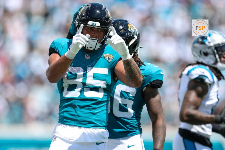 Sep 7, 2025; Jacksonville, Florida, USA; Jacksonville Jaguars tight end Brenton Strange (85) reacts after a play against the Carolina Panthers in the first quarter at EverBank Stadium. Credit: Nathan Ray Seebeck-Imagn Images