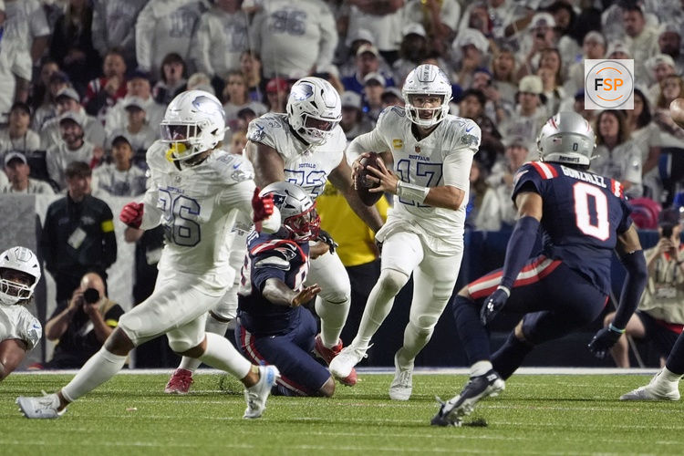 Oct 5, 2025; Orchard Park, New York, USA; Buffalo Bills quarterback Josh Allen (17) rushes the ball against the New England Patriots during the first half at Highmark Stadium. Credit: Gregory Fisher-Imagn Images
