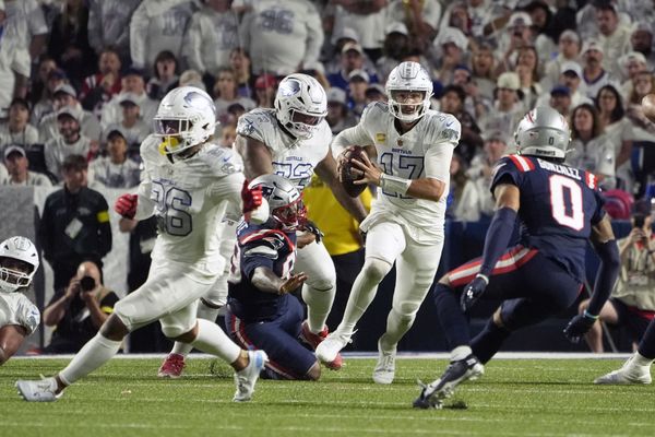 Oct 5, 2025; Orchard Park, New York, USA; Buffalo Bills quarterback Josh Allen (17) rushes the ball against the New England Patriots during the first half at Highmark Stadium. Mandatory Credit: Gregory Fisher-Imagn Images