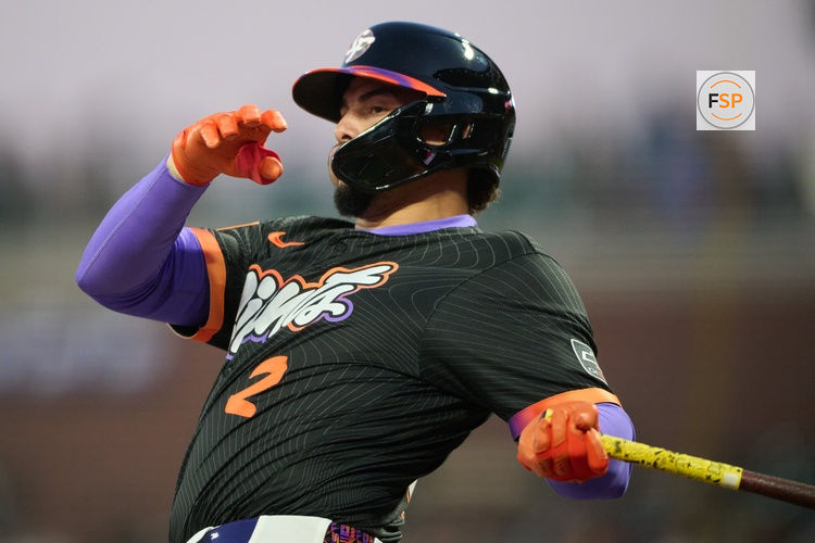 May 20, 2025; San Francisco, California, USA; San Francisco Giants shortstop Willy Adames (2) bats against the Kansas City Royals during the fifth inning at Oracle Park. Credit: Robert Edwards-Imagn Images