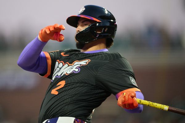 May 20, 2025; San Francisco, California, USA; San Francisco Giants shortstop Willy Adames (2) bats against the Kansas City Royals during the fifth inning at Oracle Park. Mandatory Credit: Robert Edwards-Imagn Images
