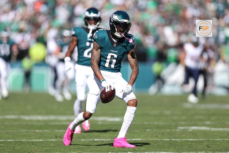 Oct 5, 2025; Philadelphia, Pennsylvania, USA; Philadelphia Eagles wide receiver Devonta Smith (6) celebrates after a catch against the Denver Broncos in the second quarter at Lincoln Financial Field. Credit: Bill Streicher-Imagn Images